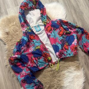 Vibrant Floral Hooded Windbreaker - Pink Blue Multi